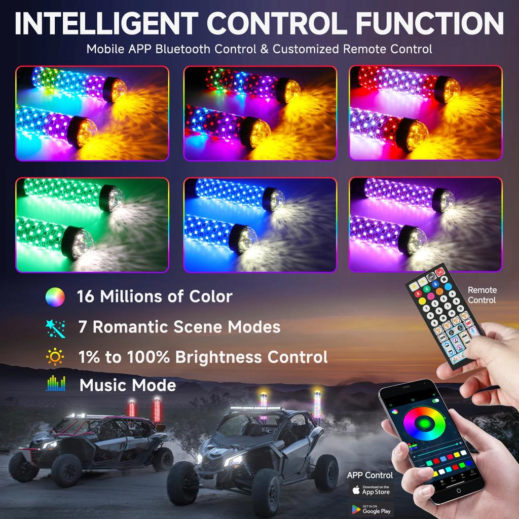 2PCS 1FT RGB LED Antennas With Warning Lights Antenna Led Bar Spiral Sequential Whip Light Off-road And UTV Accessories