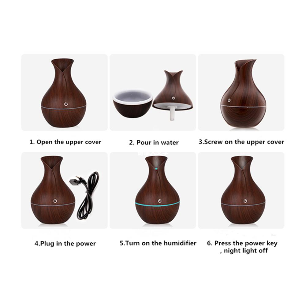 130ml Essential Oil Diffuser Humidifier Aromatherapy Wood Grain Vase Aroma LED