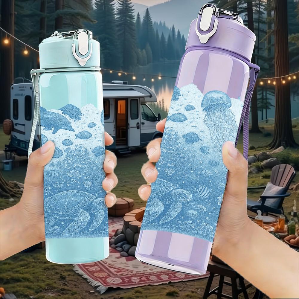 1PC Light Blue Ice Crystal Texture Print 750ml Color Plastic Sports Water Bottle Leakproof Flip Straw Lid Suitable for Sports Office Home Use