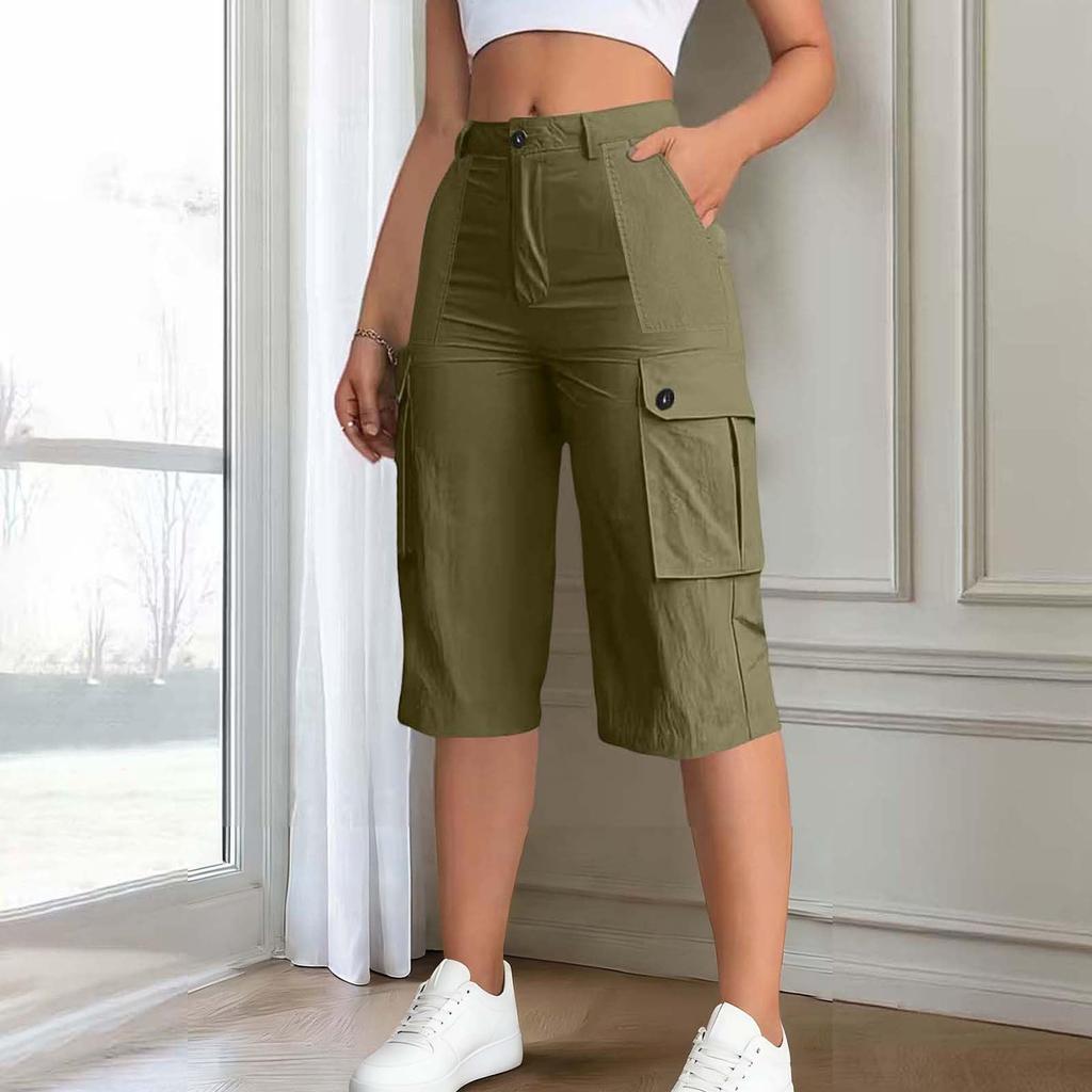 Женские шорты-карго со средней посадкой и свободным кроем с эластичной задней частью пояса, на пуговице и молнии, с дизайном с несколькими карманами