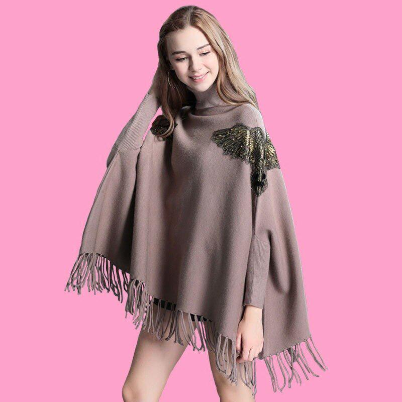 Bat Sleeve Turtleneck Knitted Sweater Poncho Female Fashion Embroidery Tassel Mid-length Sweater Poncho Pullover Women Spring