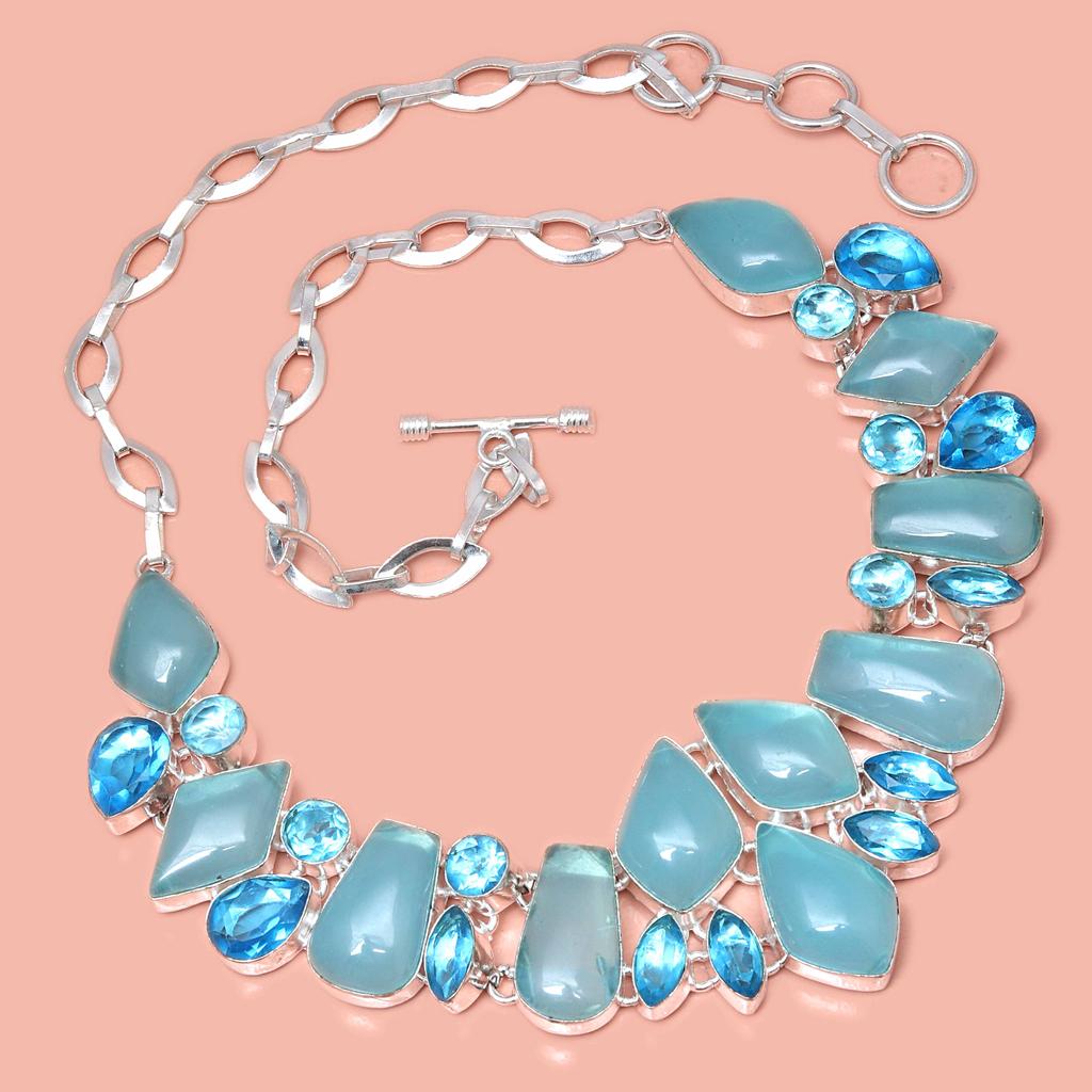 Ожерелье Синий Халцедон SwiBlue Драгоценный Камень Подарок На День Рождения Ювелирные Изделия 18-20''