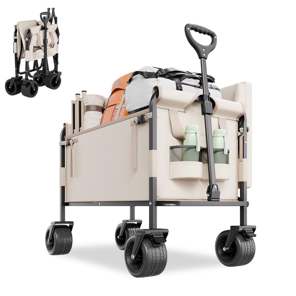 VEVOR Collapsible Folding Wagon, 550lb Load & 220L, 2 in 1 Foldable Wagon Cart Converts to Bench, Utility Wagon with Adjustable Handle