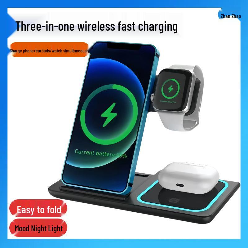Складная магнитная беспроводная зарядная подставка 3-в-1 мощностью 15 Вт для устройств Apple