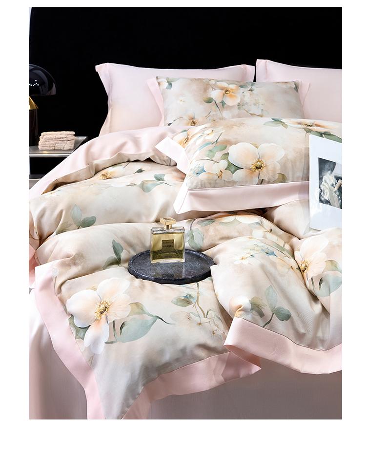 Tencel Cool Flower Printed Four Piece Bed Set - Qing Song Shallow Singing