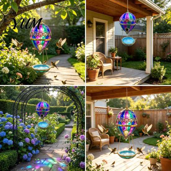Hanging Water Bowl for Birds Stained Glass Hot Air Balloon Bird Feeder Fountain, with Fountain Easy Fill Tray, Vintage Bronze Outdoor Garden