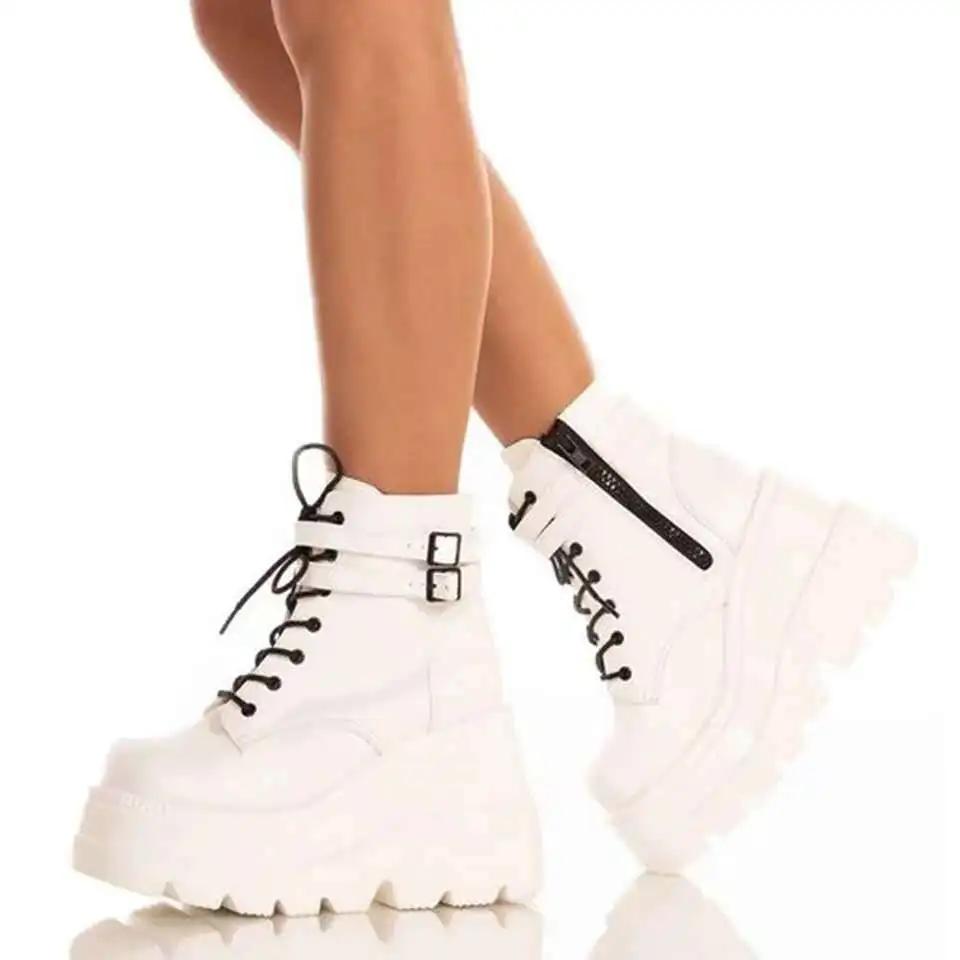 Модные ботинки Женские мотоциклетные зимние ботильоны с пряжкой Женские панк женские ботинки на платформе Танкетка Высокий каблук ПУ Женские ботинки Ботинки Женские