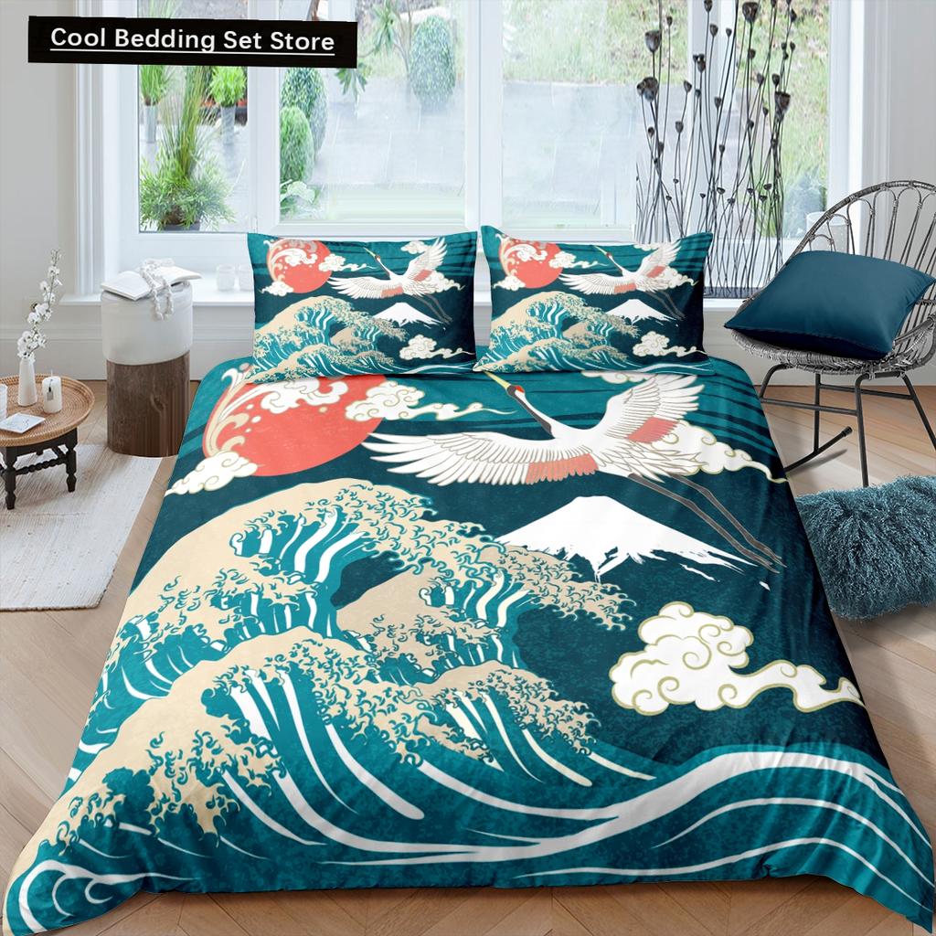 Пододеяльник с японским журавлем King Queen Size Wave Flower Ukiyo-e Style Комплект постельного белья Восточная культура 2/3 шт. Полиэстеровый пододеяльник