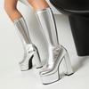 Metallic Gold Silver Stretch Knee High Platform Boots Women Chunky Heels Sexy Party Dress Winter Lady Zipper Elastic Long Boots