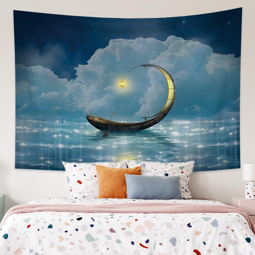 Яркий настенный гобелен с полной луной и звездами, мечтательный ночной вид, гобелен, абстрактный домашний декор, гобелен для спальни, гостиной, общежития