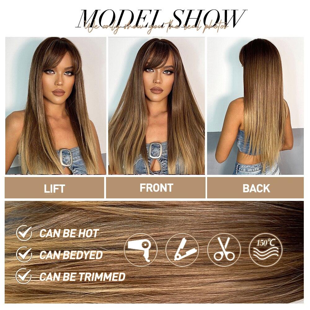 Long Straight Synthetic Wigs Brown Wig with Bangs for Women Natural Daily Cosplay Christmas Hair Heat Resista