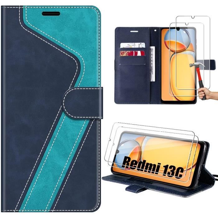 Coque pour Xiaomi Redmi 13C - Cuir PU - 2 Verres Trempés - Portefeuille - Support intégré - Bleu