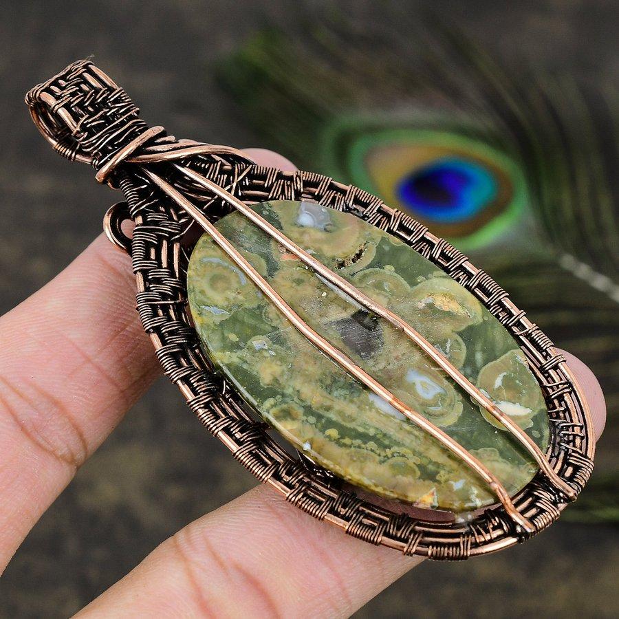 Натуральный камень Яшма тропического леса Медная проволока оплетка Подарок Подвеска 3.47 l5F02
