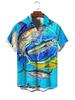 Men's Button-up Shirt with a Hawaiian Print Featuring Various Colorful Fish Swimming Against a Blue Background