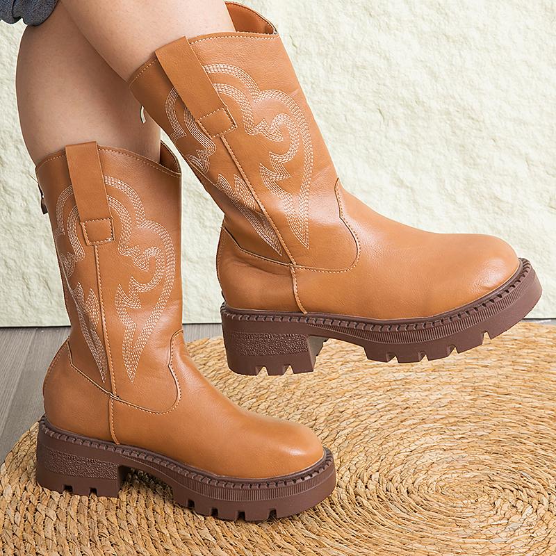 25Осень И Зима Винтажная Вышивкаженские Летние Ботильоны на Толстом Каблуке до Середины Икры, Ботинки Пустынника Интернет-Знаменитости, Короткие Ботинки