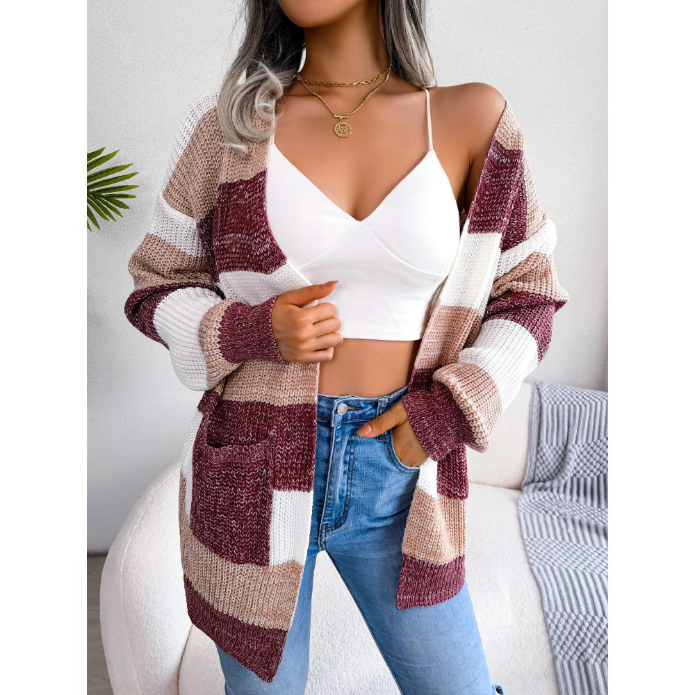Autumn and Winter Women's Cardigan Sweater Bump Color Striped Lantern Sleeves Casual Cardigan Sweater Jacket Tops
