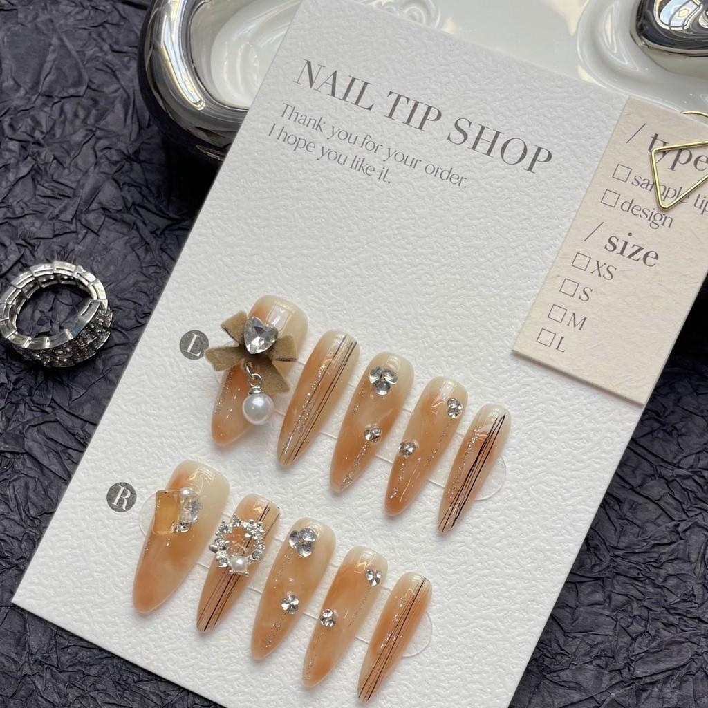 HANDMADE Long Water Drops Shape Artificial Nail Gentle Luxurious Hollow French High-end Light Blue Fine Sparkling Gemstones Phototherapy Nail