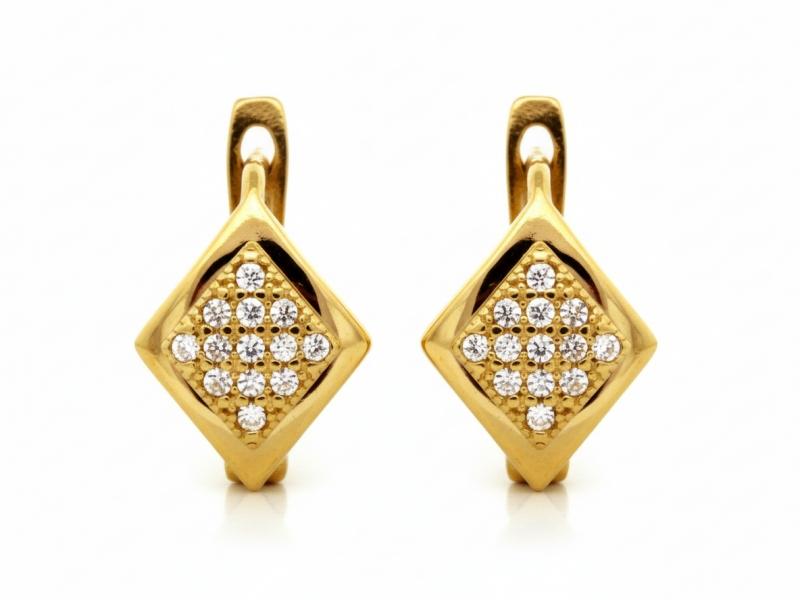 Women's gold earrings 585 subtle rhombuses With cubic zirconias, feminine and elegant