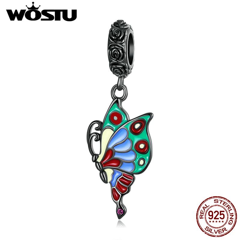 WOSTU Стерлингового серебра 925 пробы, черное золото, красочная роза, подвеска-бабочка в виде животного, очаровательные бусины, подходят для оригинального браслета DIY, ювелирные изделия
