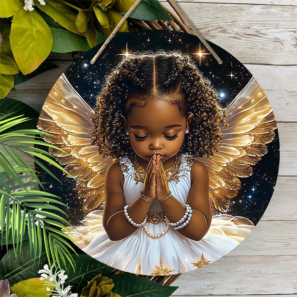 Деревянная табличка «Черный ангел с золотыми крыльями» - Круглая табличка «Ангел» для декора на дверь или стену - Идеальное домашнее подвесное украшение