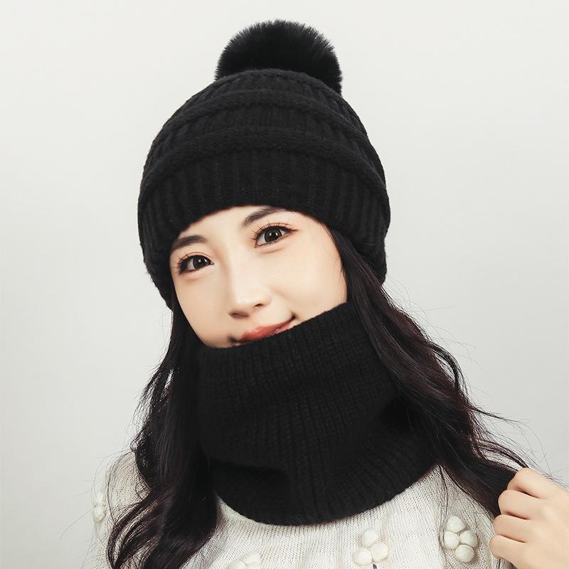 Winter Women's Scarf Knitted Hat Velvet Warm Ball Wool Hat Windproof Neck Protection Hat Scarf Two-Piece Set