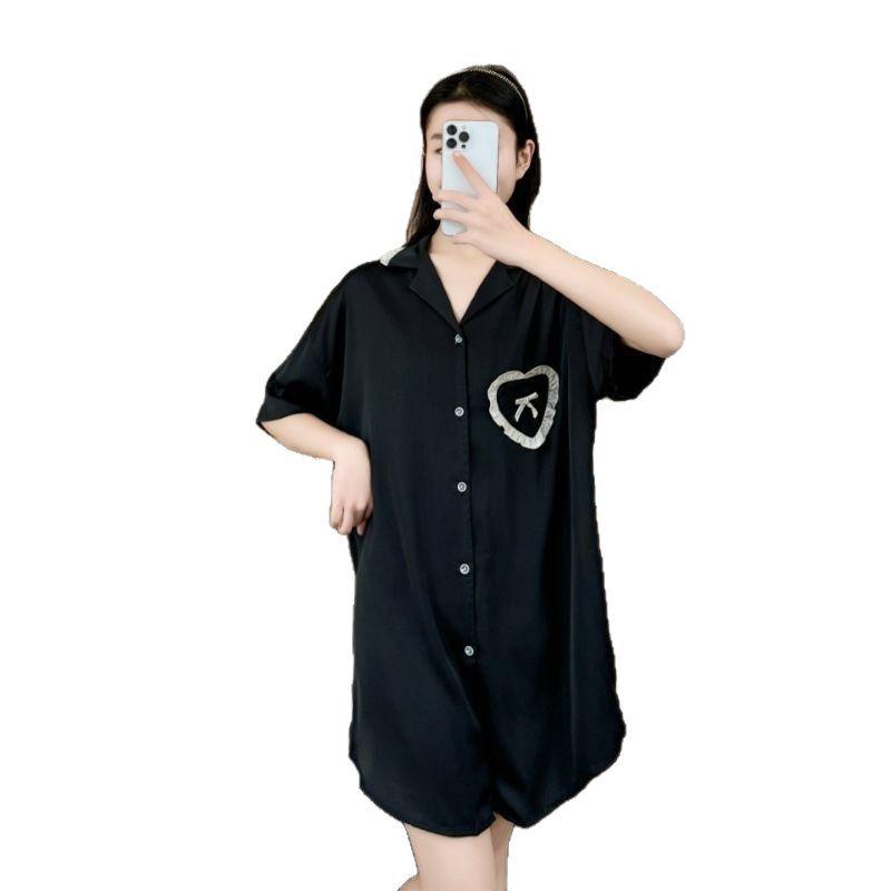 New pajamas women's spring and summer boyfriend wind pajamas imitation silk ice silk acetic acid Internet celebrity knee shirt skirt loungewear