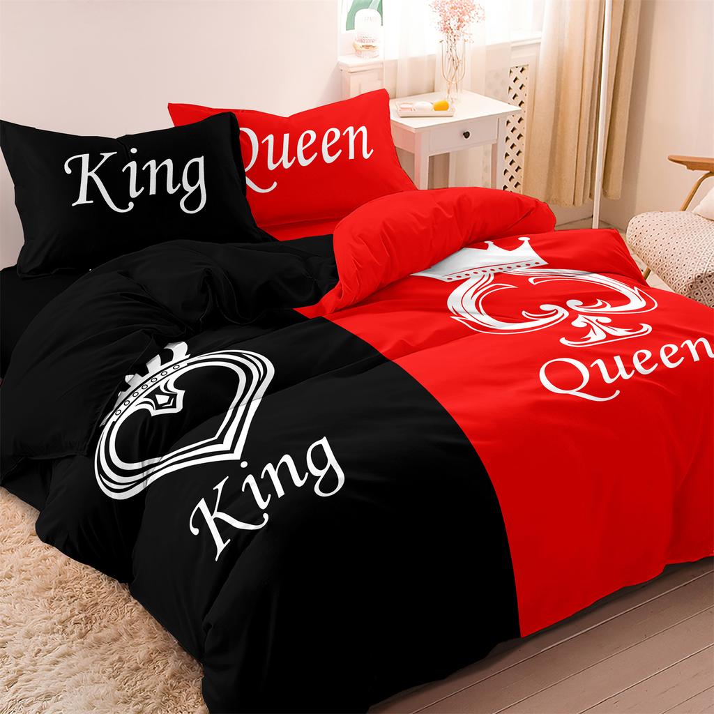 3Pcs Set Red Black Me And You Rose Letters Heart Pattern Printed Quilt Duvet Cover Bedding Set For All Season Bedroom Hotels