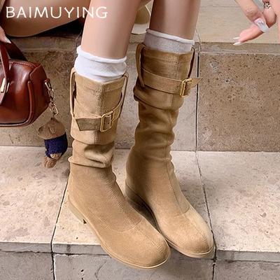Женские высокие сапоги на плоской подошве из замши с пряжкой в стиле ретро, тренд 2025 года, новый бренд, классические зимние ботинки средней длины для мотоциклистов
