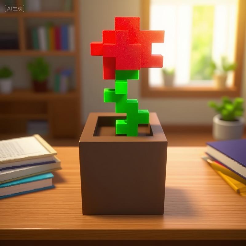 Pixel Rose Flower Decoration Unique 3D Printed Flower Plastic Flower Nightstands Desktops Office Desk Decor Furniture Decorations No Power Required