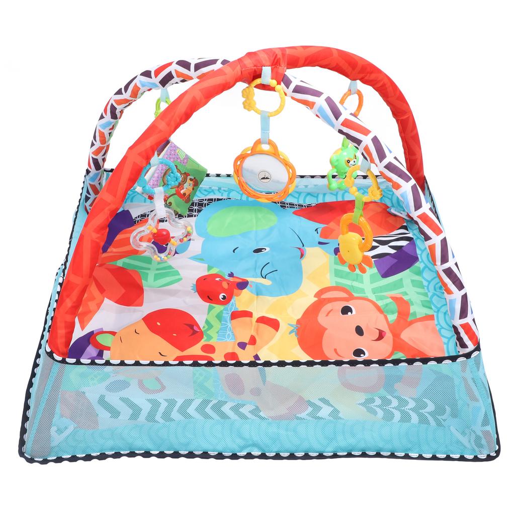 Детский гимнастический коврик с тканевой книгой-погремушкой и зеркалом для развития сенсорных и моторных навыков. Время лежать на животе.