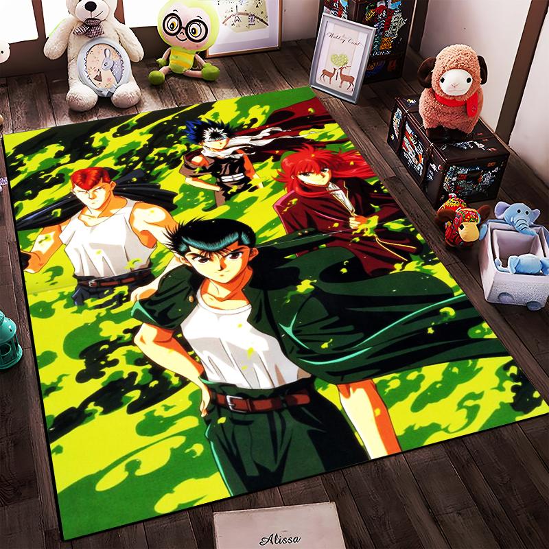 "Anime Style Green Camouflage Carpet with Bold Vibrant Characters Print" Suitable for use as an anti-slip for living room bedroom sofas
