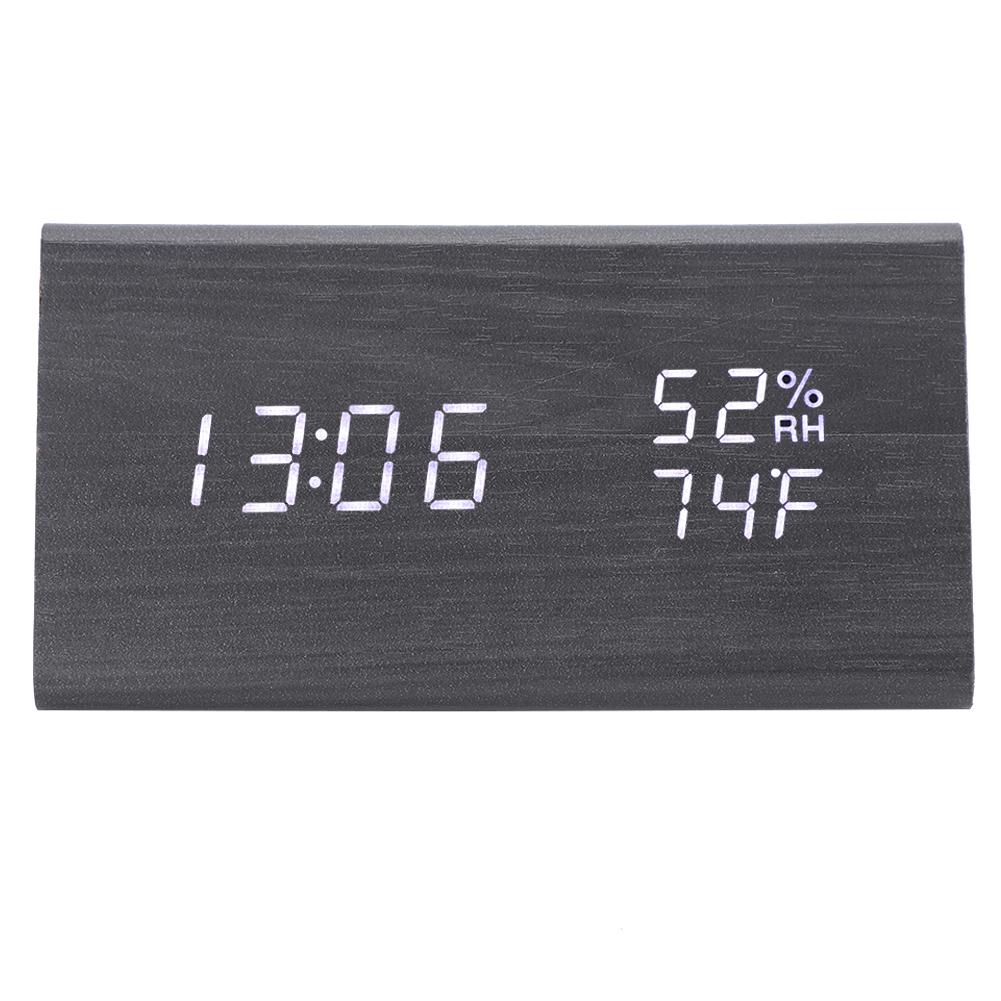 Digital LED Wood Desk Clock Voice Control Triangular Temp Humidity Alarm White Light