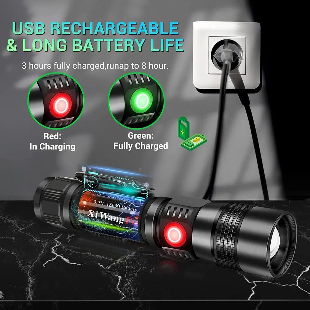 Powerful Multifunctional LED UV Flashlight USB Rechargeable Emergency Lantern Zoomable Torch With Magnetic For Outdoor Camping