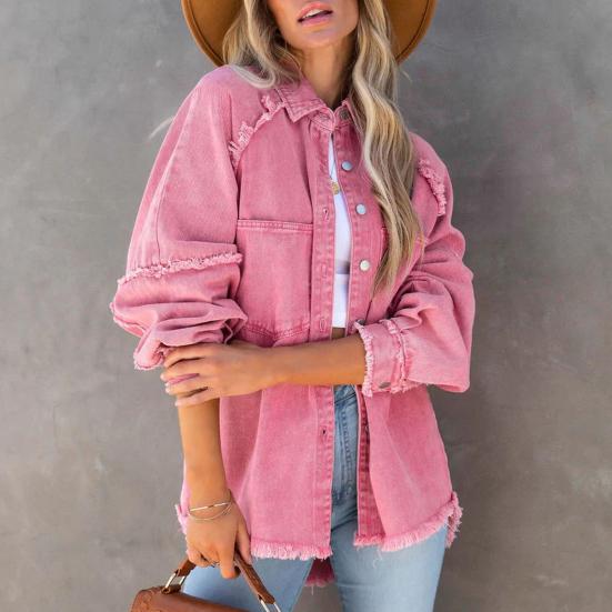 Женская джинсовая куртка с отложным воротником и пуговицами на подоле с бахромой, большой карман, однотонный, свободный, негабаритный, женское пальто средней длины, уличная одежда