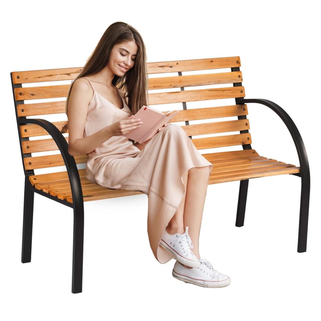 Wooden garden bench, cemetery bench, metal park bench with backrest, large