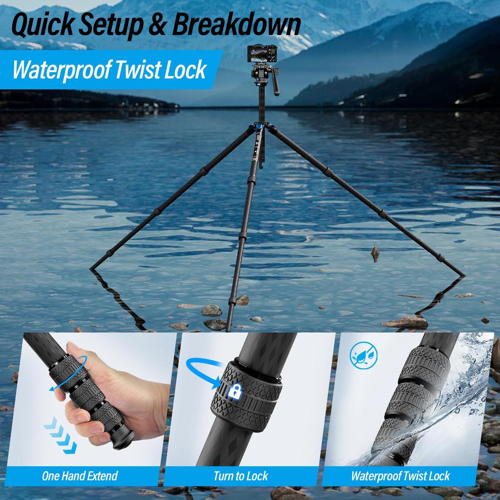 SIRUI AM124 Carbon Fiber Tripod with AM5V Video Compact Lightweight Travel Tripod for Triangular Center Load Capacity Lbs Head, Camera, DSLR, Pole,