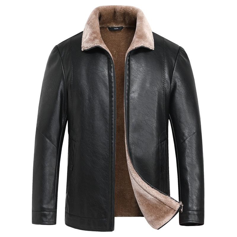 Autumn New Style Washed PU Leather Jacket for Middle-aged Men with Velvet and Thickened Men's Fur All-in-one Jacket