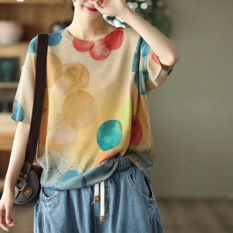 Dimanaf 2024 летние женские футболки, летние стильные рубашки с принтом листьев, красочные элегантные топы с цветочным принтом, свободные повседневные футболки