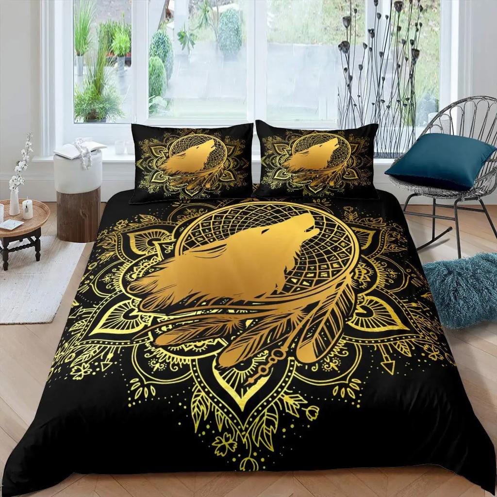 Wolves Dreamcatcher Duvet Cover Set, Animal Prints Queen Size Comforter Cover, Dreamlike Vintage Feather Wolf Bedding 3pcs Sets