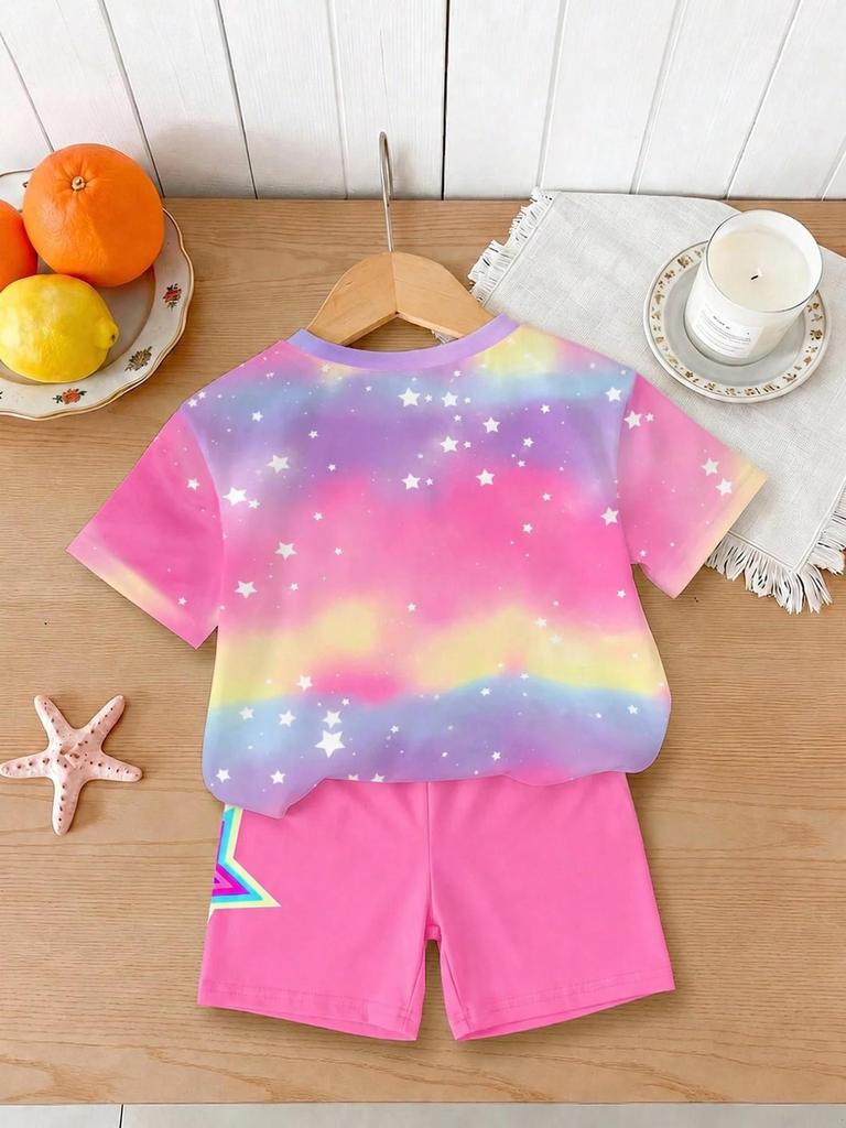 Trendy street-style two-piece outfit for girls featuring a gradient starry-sky cartoon print; includes a soft short-sleeved T-sh