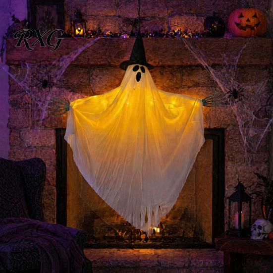 Outdoor Spooky Decor Halloween Hanging Ghost with Witch Hat, Light Up Eerie Glow for Porch Tree, Haunted House Scene Ornament Hat