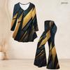 Women Plus Size Two Piece Set V Neck Long Sleeve Printed Flared Top Flared Pants Black Blue