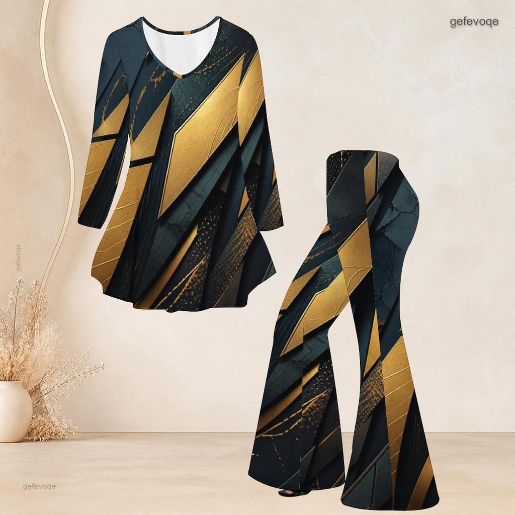 Women Plus Size Two Piece Set V Neck Long Sleeve Printed Flared Top Flared Pants Black Blue