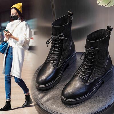 Кожаные ботинки Мартин осень новые кожаные ботинки женские средней высоты повседневные на толстом каблуке короткие ботинки женские носки толстая подошва женские ботинки
