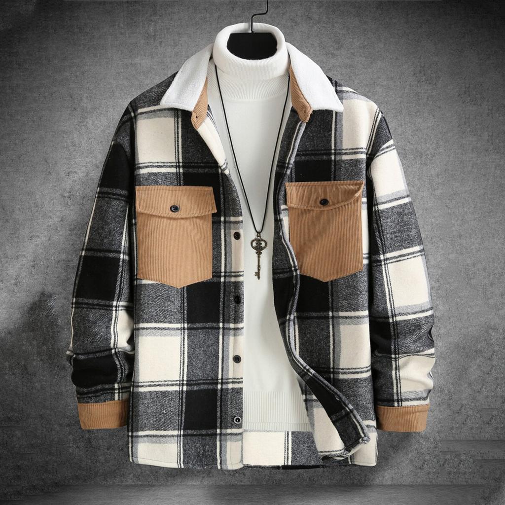 Men's Striped Plaid Casual Loose Button Lapel Long Sleeve Hooded Cardigan Shirt Jacket