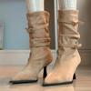 Женские осенние новые сексуальные дизайнерские ботильоны с острым носком, повседневные универсальные, юбка с пряжкой-слипоном, ботинки до середины икры, большой размер