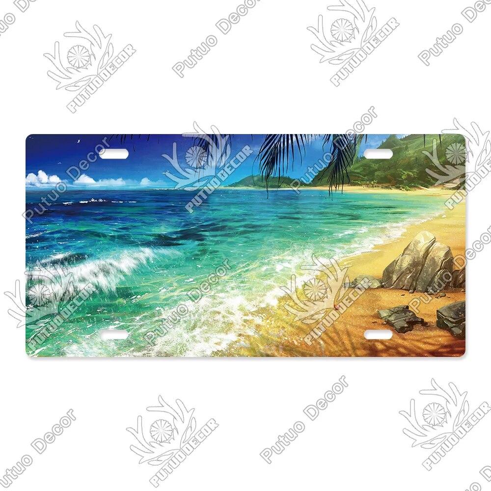 Putuo Decor Beach Licenses Plate Vintage Tin Sign Plaque Metal Car Plate for Living Room Door House Home Wall Art Decor