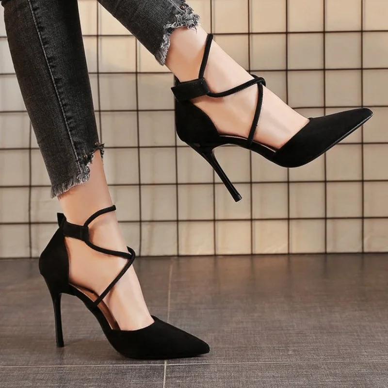 Fashion New Suede High Heels Cross-strapSandals Women's Shoes One-line Buckle Fine Heel Pointed Sandals