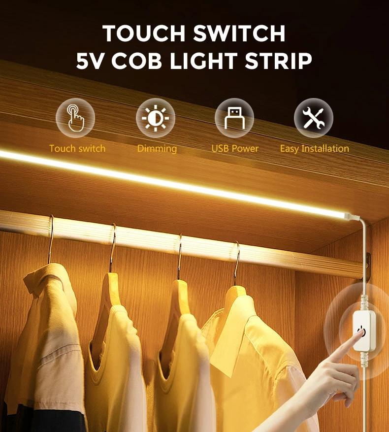Супер яркий USB 5 В COB гибкая светодиодная лента с регулируемой яркостью сенсорного датчика линейная лента COB для подсветки кухонный декор