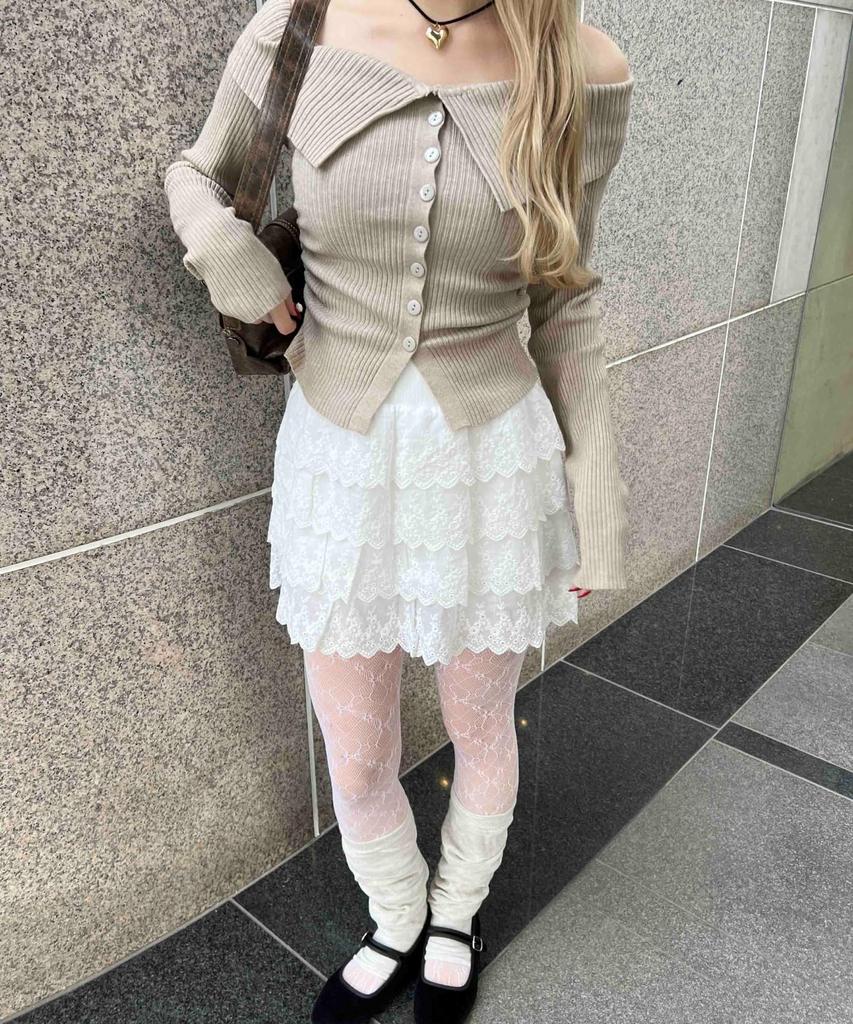 WEGO PHILLY Long Sleeve Korean Perfect Gift for and Size Beige Off-the-Shoulder Button-Front Top, T-Shirt, Girly, Casual, Style, Spring, Summer,